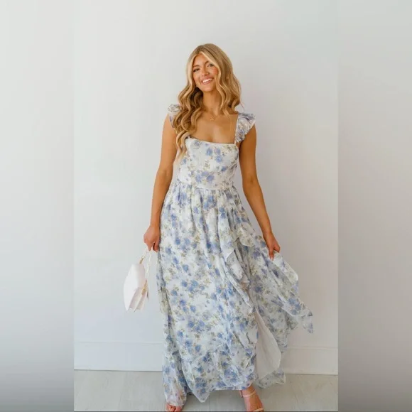 SOLD NWT BLUE AND WHITE FLORAL MAXI RUFFLE DRESS WITH SLIT - FORMAL DRESS - Picture 6 of 15